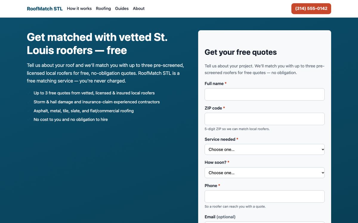 Screenshot of the RoofMatch STL website